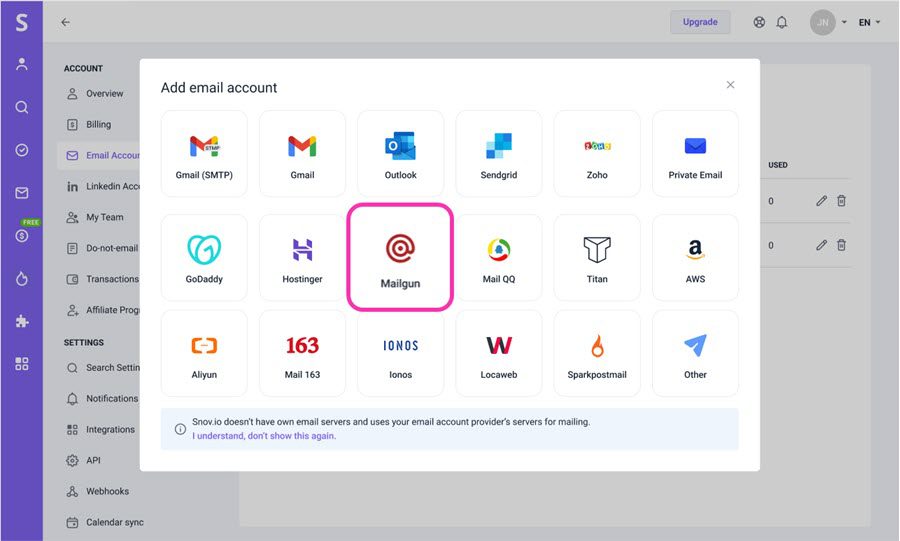 Snovio使用详细教程 - 如何将 Mailgun SMTP 连接到 Snov.io