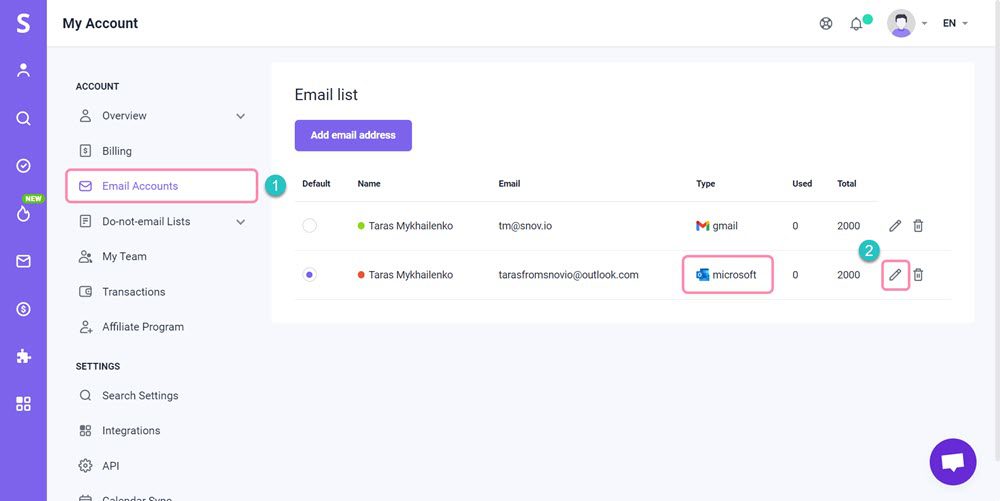 Snovio使用详细教程 - 如何通过 OAuth 重新连接您的 Outlook/Exchange 账户