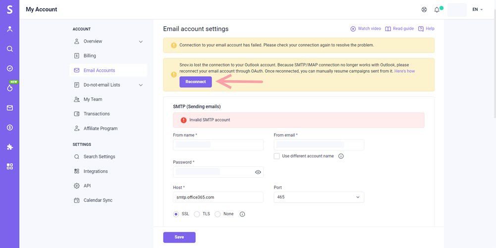 Snovio使用详细教程 - 如何通过 OAuth 重新连接您的 Outlook/Exchange 账户