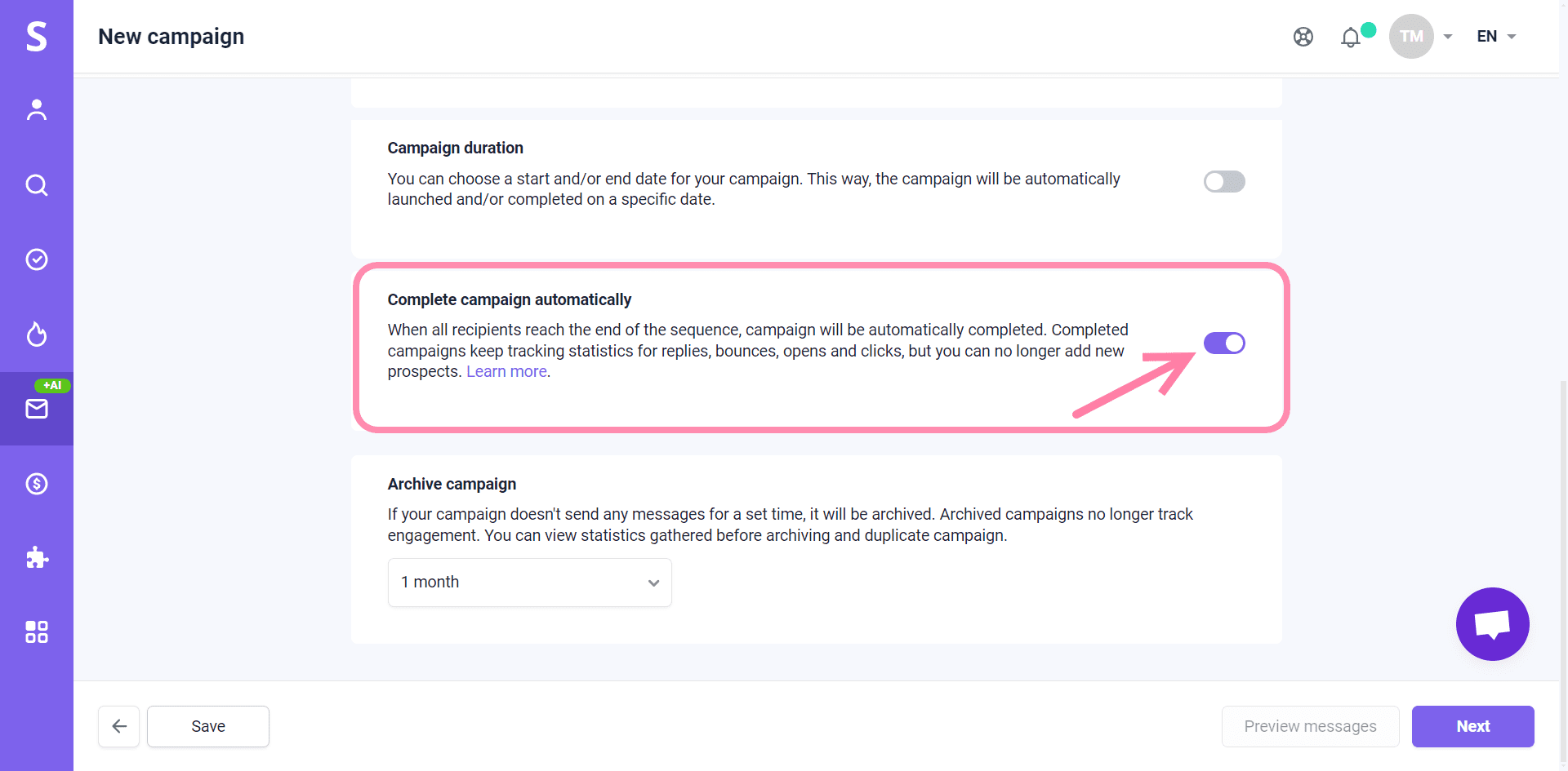 Snovio使用详细教程 - 如何在营销活动发送完毕后自动更改状态和归档