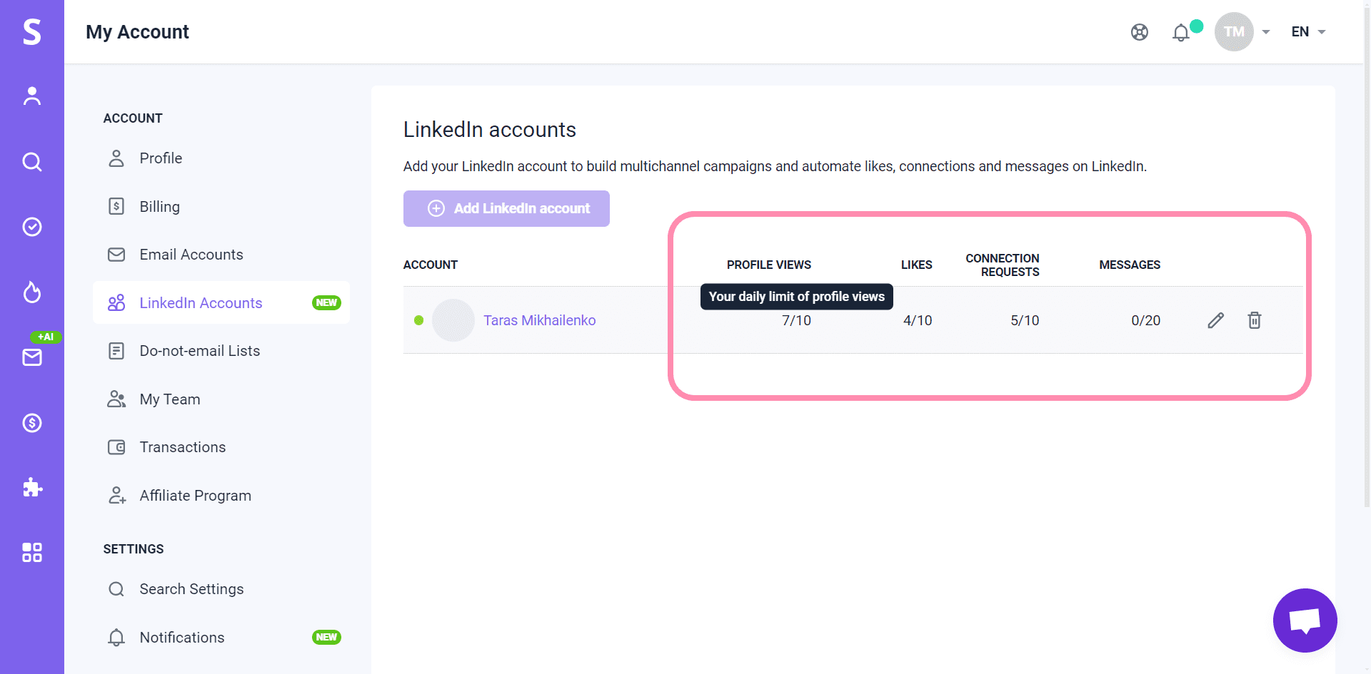 Snov.io使用详细教程 - 如何在自动化过程中预热您的领英帐户